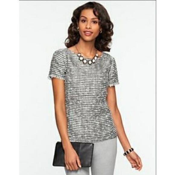 Talbots Gray Black Tweed Short Sleeve Blouse W. Fringe Sleeves Women's Size 8P - Picture 1 of 6